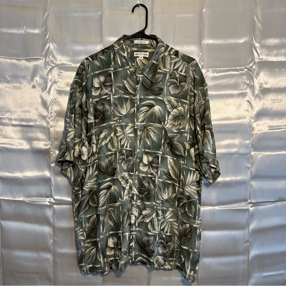 Pierre Cardin Mens XL Hawaiian Shirt Green Leaf Print Short Sleeve Button Up